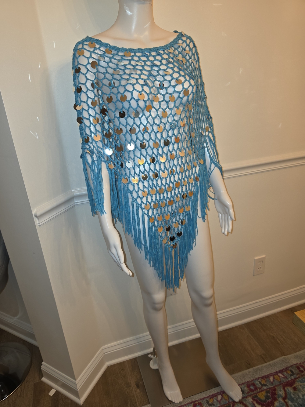 Vivid New York Blue Sequin Crochet Fringe Poncho - Women